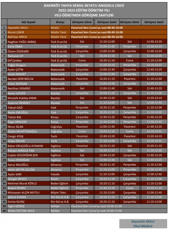 Veli Öğretmen Görüşme Saatleri 2023 2024 Yahya Kemal Beyatlı